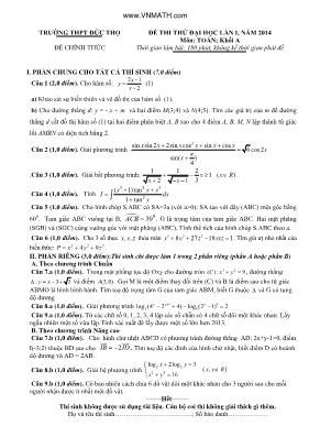 Đề thi thử đại học lần I, năm 2014 môn Toán khối A - Trường THPT Đức Thọ